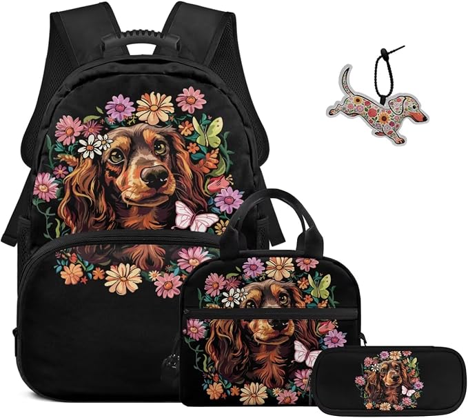 ZFRXIGN Dachshund Dog Teen Girls Backpack for School with Cute Pendant 4pc Backpack Set 17inch Middle High School Girls Bag and Insulated Lunch Box Pencil Case