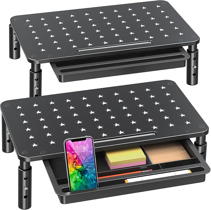 Zimilar 2 Pack Monitor Stand Riser with Drawer, 3 Height Adjustable | Monitor Stand with Unique Star Mesh, Metal Monitor Riser for Computer Laptop Notebook Printer