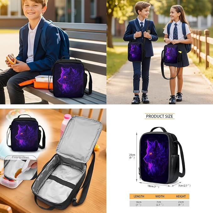 Cool Wolf Kids Backpack and Lunch Box Graphic School Bookbag for Boys Back to School Supplies Personalized Backpacks 4 in 1 Set Water Bottle Holder Pencil Case Included