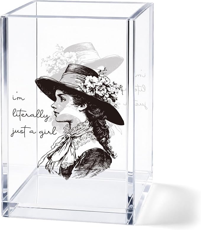 Acrylic Pen Holder Cup, Vintage Aesthetic Desk Decor, “I’m Literally Just a Girl” Pencil Holder Organizer, Black and White Fashion Style Office Accessories, Gift for Women