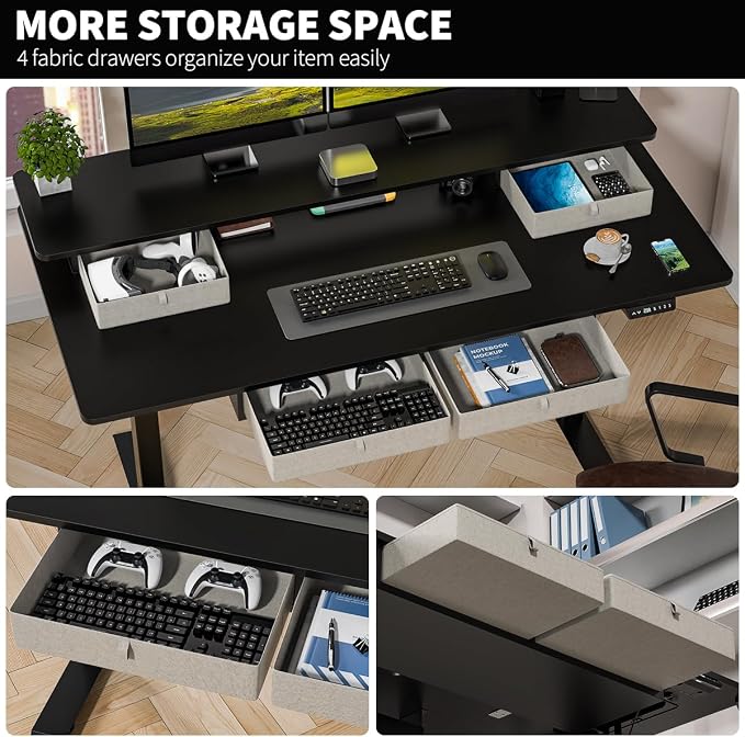 Kingant Electric Standing Desk with 4 Drawers,USB Charging Ports 55"x 30" | Ergonomic Height Adjustable Large Workstation, Heavy-Duty Sit Stand Up Desk For Home Office Daily Work,Black