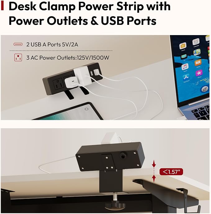 SANODESK Electric Standing Desk with Desk Clamp Power Strip 55"x 28" Whole-Piece Desktop Height Adjustable Stand Up Desk with Cable Management Sit Stand Home Office Desk Black Frame/Black Top