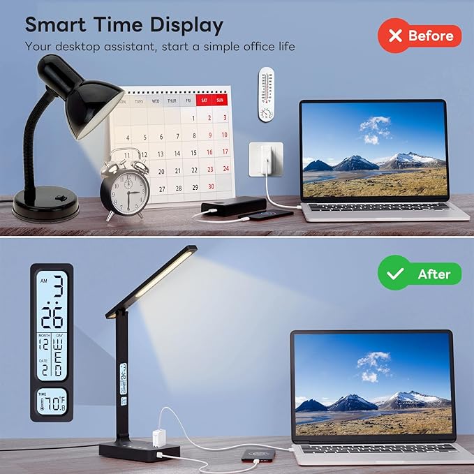 Power Strip with LED Desk Lamp: 2 Outlets 1 USB-A Ports 1 Type-C Ports 5 Modes & Color. Touch Small Desk Lamp for Home Office Bedroom Bedside, Study Reading Light, Dorm Room Essentials