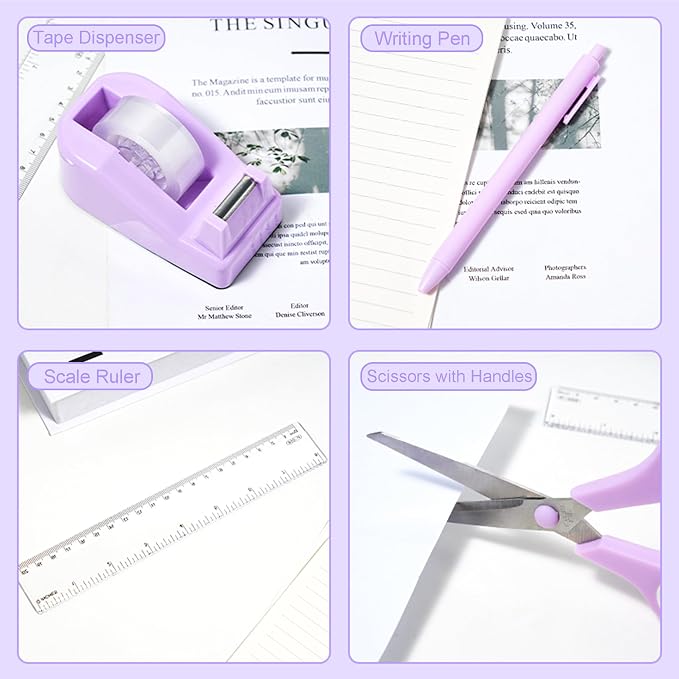 COMFYROOM Desk Accessories with Pen Holder, Office Supplies Desk Organizers and Accessories, Tape Dispenser, Stapler, Staple Remover, Staples, Clips Set, Ruler, Scissor, Pen, Tape (Purple)