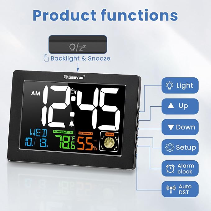 Geevon Atomic Clock 5.9" Color Display with Temp & Humidity | Digital Wall Clock Self-Setting,Moon Phase,Battery or DC Adapter Powered,Large Display for Bedroom Living Room Office