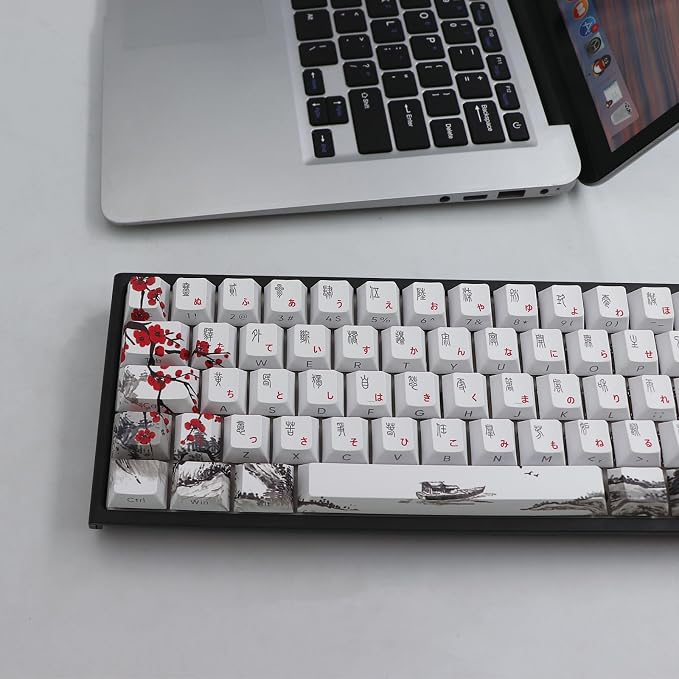 JSJT Japanese Keycaps Side-Printed Keycap Set PBT Doubleshot Shine Through Custom Keycap Cherry Profile Plum Blossom Key Caps 135 Keys for Cherry MX Switch Mechanical Keycboard