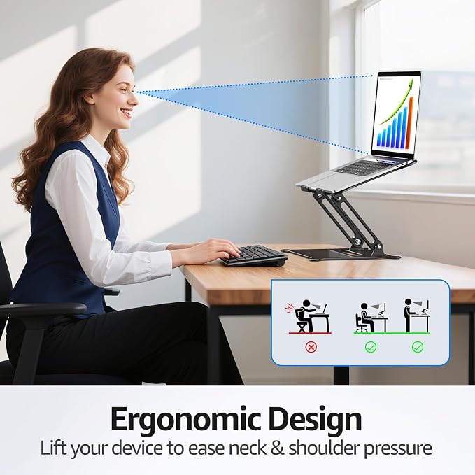 Urmust Aluminum Laptop Stand, Portable Laptop Riser, Adjustable Laptop Stand for Desk Foldable, Ergonomic Computer Notebook Holder for MacBook Air Pro HP, Office Desk (10-15.6'')- Black