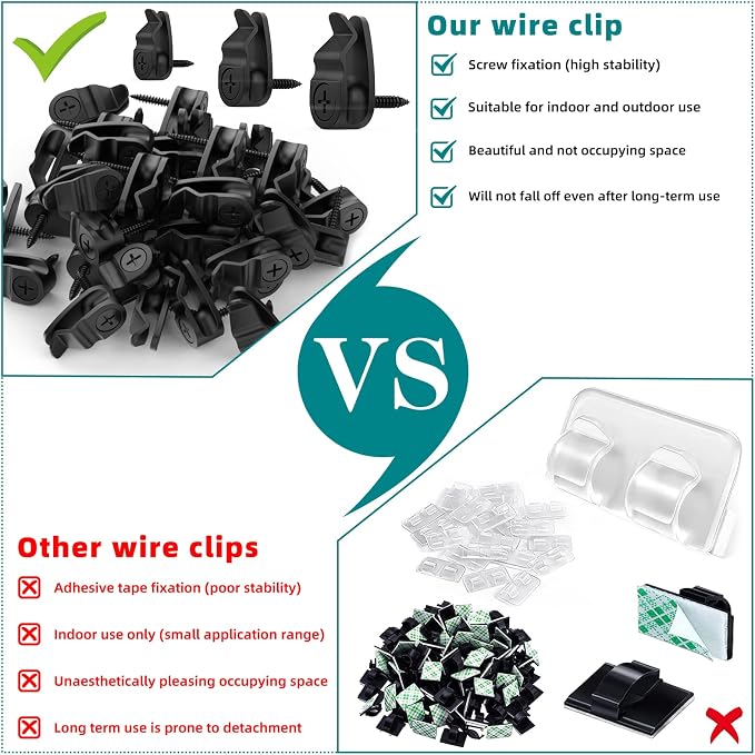 Outdoor String Lights Clips, Weatherproof Cable Hanger Hooks for Hanging Fairy Lights, Holiday Decor - Black, 50 Pack