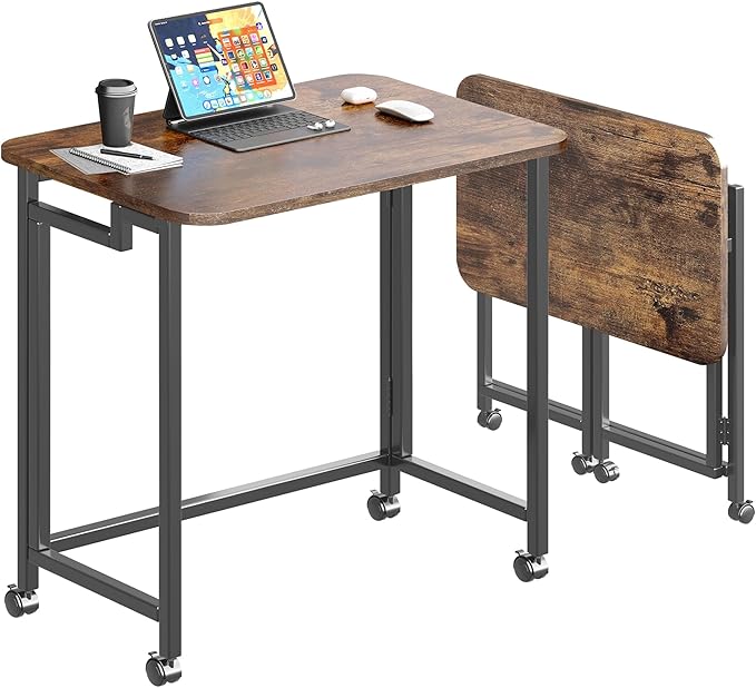 JSB Small Folding Computer Desk with Storage Bag and Hook Writing Modern Industrial Work Table Laptop for Home Office White (Rustic & Brown, 27.6")