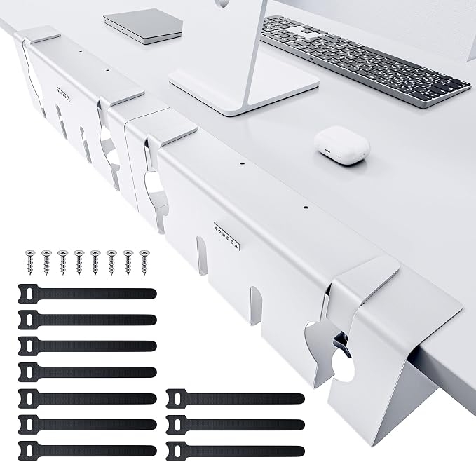 NODOCA No Drill Under Desk Cable Management Tray, 17'' Wire Management, Punch-Free Clamp on, Metal Cable Tray, Wire Organizer Under Desk, Under Desk Basket for Office and Home, White(2 Packs)