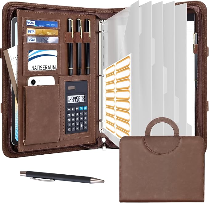 Portfolio Binder - 3 Ring Binder with Magnetic Handle, Vegan Leather Business Padfolio Folder with Notepad, Includes 5 Dividers with 10 Pockets for Documents Files