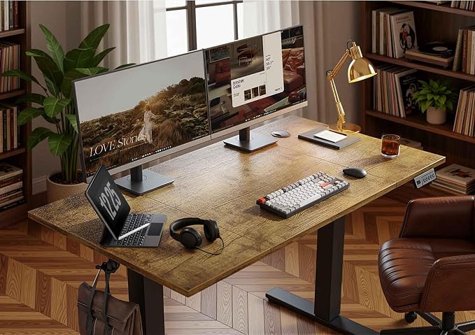 Seang Electric Height Adjustable Standing Desk, 48 x 24 Inch Sit-Stand Desk with Stable T-Shaped Frame, 3 Memory Buttons & Cable Organization for Home Office Workstation, Black Frame/Rustic Brown Top