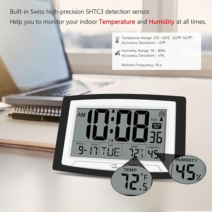 WallarGe 12.5 Inch Atomic Clock with Indoor Temperature and Humidity | Battery Operated Digital Wall or Desk Clock, Auto DST, Large Display for Seniors, Self-Setting, for Classroom, Garage, Office