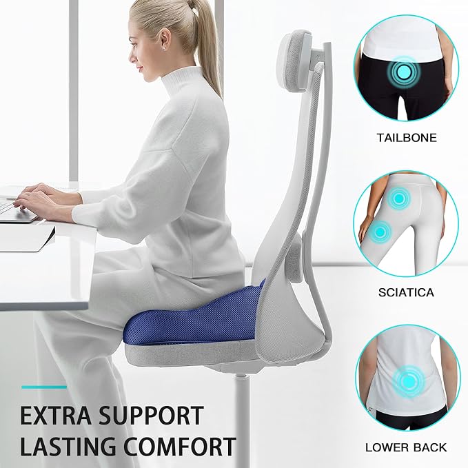 Benazcap X Large Memory Seat Cushion, Sciatica Pain Relief, Blue | Ergonomic design, Office Chair, Memory Foam Firm for Car, Wheelchair, Gaming Chair and Desk Chair