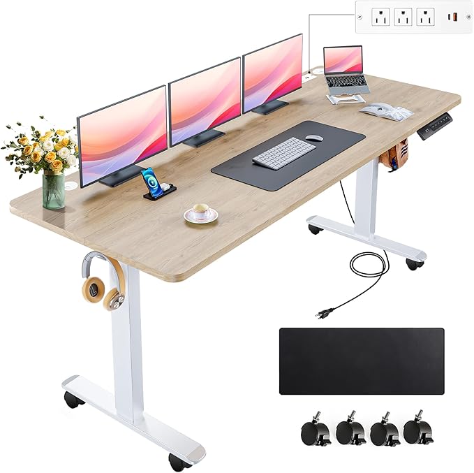 farexon Electric Standing Desk 63 x 24In with Power Outlets, Adjustable Height Stand up Desk with Large Mouse Pad, Double Hooks and 4 Wheels, 27''-46'' Lifting Range, Easy to Set for Home/Office(Oak)