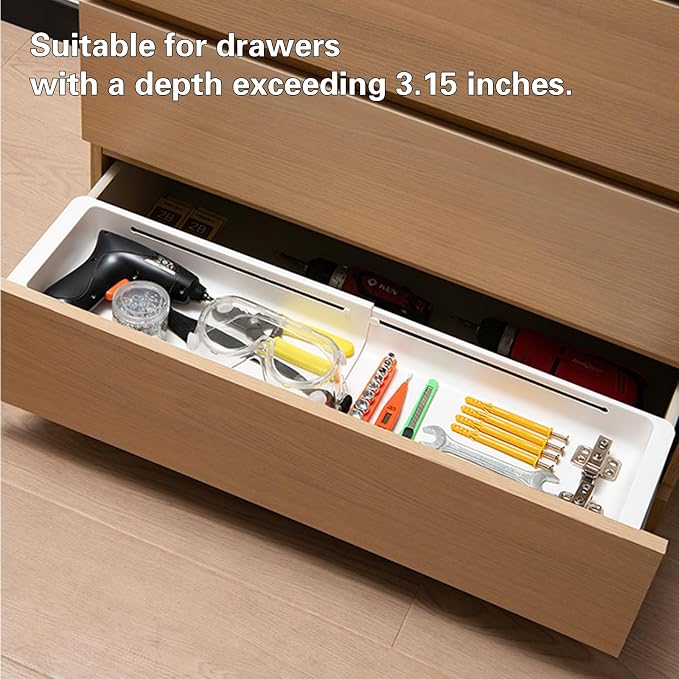 SnowTing 2 PCS Deep Drawer Organizer, 2 Sizes Expandable & Adjustable White Plastic Organizer, Sliding Drawer Storage Bins for Kitchen Utensils, Office Supplies, Cosmetics, Tools