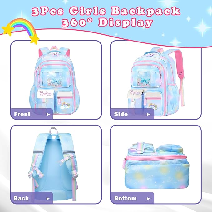 Kids backpacks for girls, bookbag for girls backpack back to school supplies for Kid, school backpack for girl Elementary School Student(Blue Single Bag)