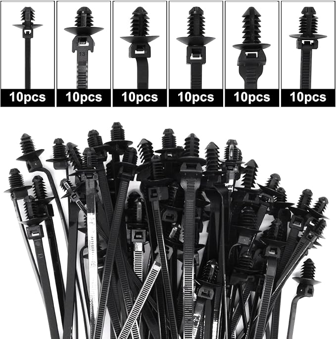 60 PCS Push Mount Zip Ties, Nylon Car Mount Wire Ties Snap in Cable Zip Ties, Black Push Mount Cable Ties Automotive Zip Ties Fastener Wire Harness Clips for Wire Tying (6-Types)