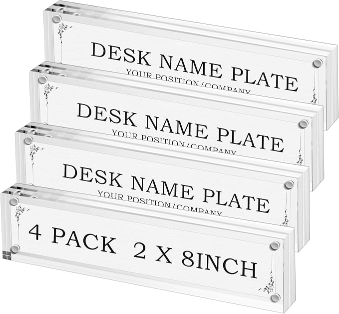 Geetery 4 Pcs Acrylic Office Desk Name Plate Personalized Clear Acrylic Block Double Sided Table Name Plate Holder Business Magnet Frame DIY Desktop Holder Accessories Decor (2" x 8")