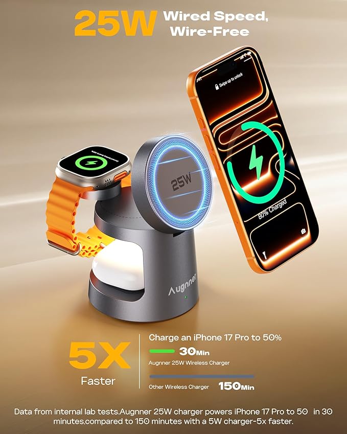 3 in 1 Charging Station Compatible with MagSafe Charger, 25W Magnetic Wireless Charger Night Light, Foldable Charging Stand for iPhone 17/16/15/14/13/12, Apple Watch, AirPods (45W Adapter)