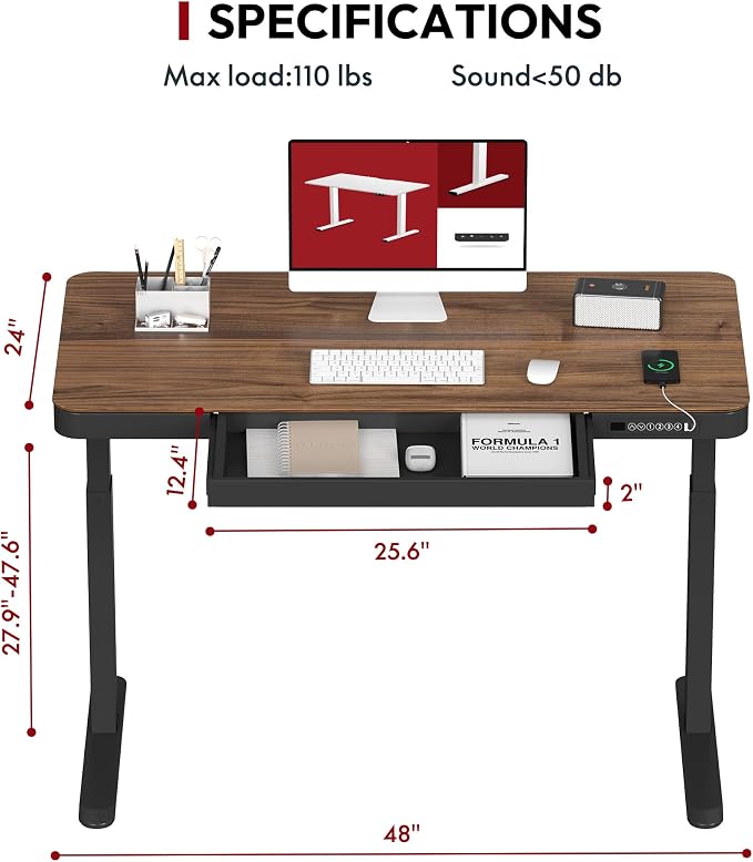 SANODESK Standing Desk with Drawer, Electric Height Adjustable Home Office Desk with Storage & USB Ports, 48 inch Black Walnut Wood Tabletop/Black Frame