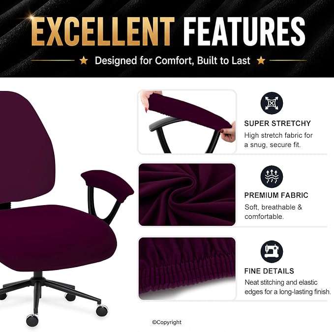 Stretchable Desk Office Chair Seat Covers - Universal Spandex Computer Chair Slipcover - Removable Washable Rotating Backrest Coverings & Cushion Protectors & Armrest Covers for Dogs, Cats, Pets, Plum