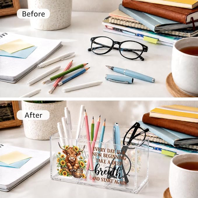 Every Day Is A New Beginning Acrylic Pen Holder Organizer with 3 Compartments, Highland Cow Desk Organizer Accessories, Inspirational Office Gifts for Coworker, Highland Cow Gifts for Staff