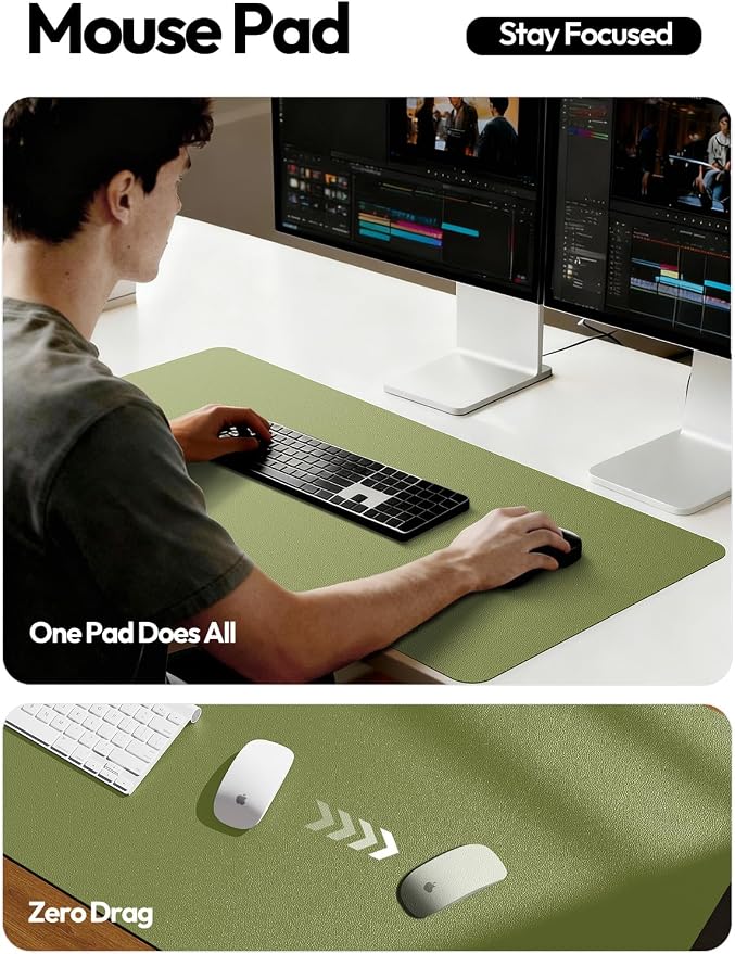 YSAGi Leather Desk Protector, Office Mat, Large Mouse Mat, Non-Slip PU Leather Blotter, Laptop Pad, Waterproof Writing Pad for Office and Home (Green, 35.4" x 17")