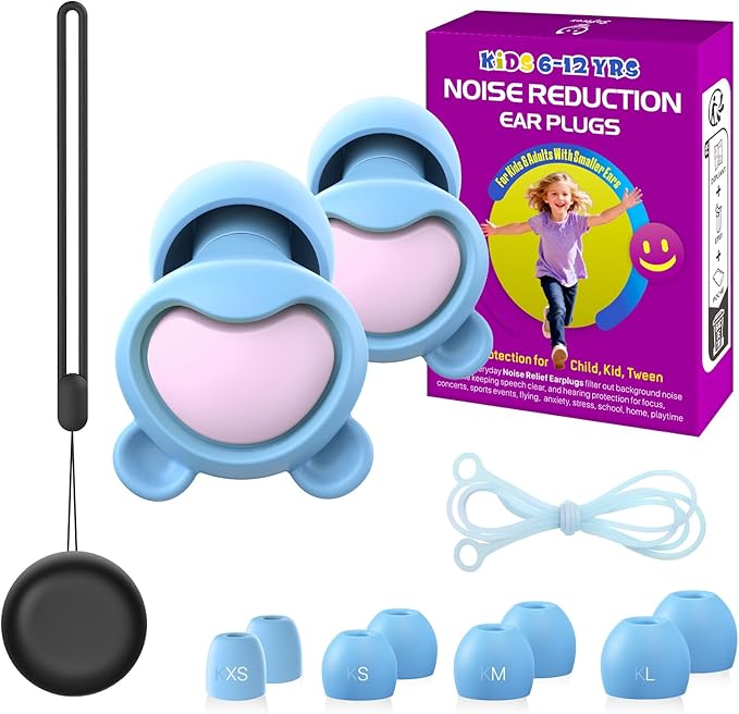 Kids Noise Reduction Ear Plugs(6+yrs) – Reusable Child Ear Protection for Sensitive Ears, Comfortable Earplugs for School, Travel, Focus, Concert, Sleep & Loud Events, 4 Sizes Ear Tips in XS-L,1Pair