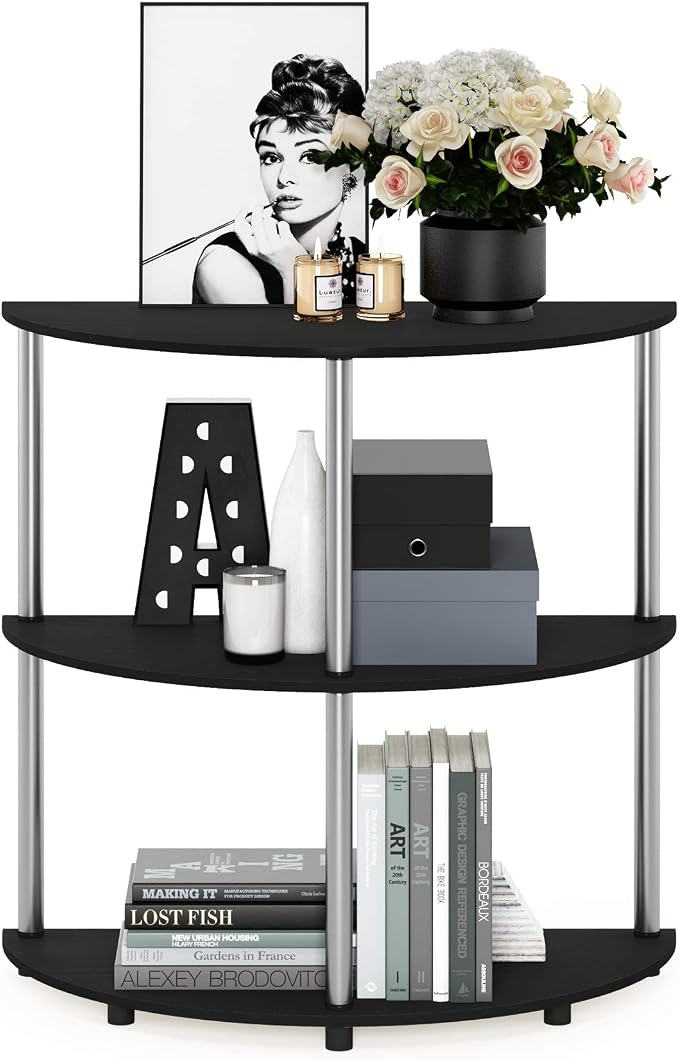 Furinno Frans Turn-N Half Round Console Table with Stainless Steel Tubes, Black Oak 15.6D x 31.1W x 30.8H in | Console Table with Storage Shelf, Narrow Sofa Side, Stainless Steel Tubes, for Living Room, Home Office, Entryway