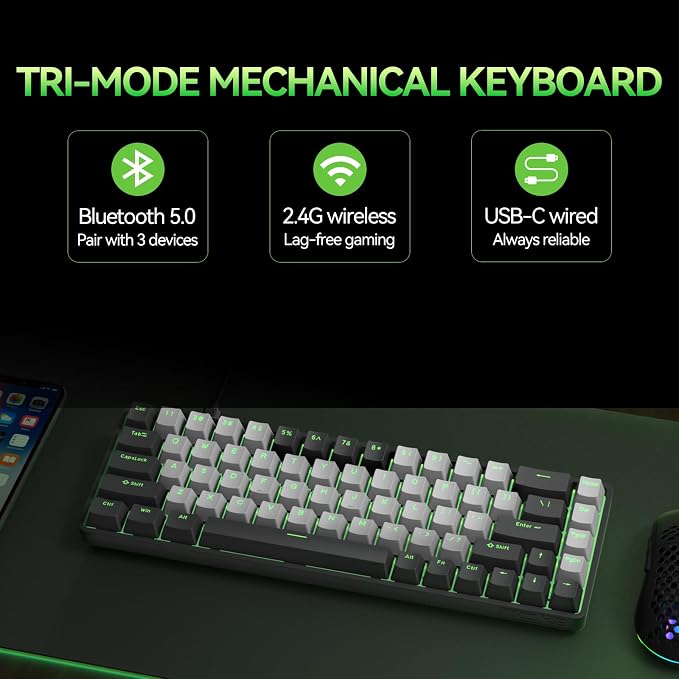 TMKB T68 60% Wireless Mechanical Gaming Keyboard, Tri-Mode BT5.0/2.4GHz/USB-C with Blue Switch, RGB Backlight, Anti-Ghosting, Compact 68 Keys, Wired/Wireless, Black/Gray