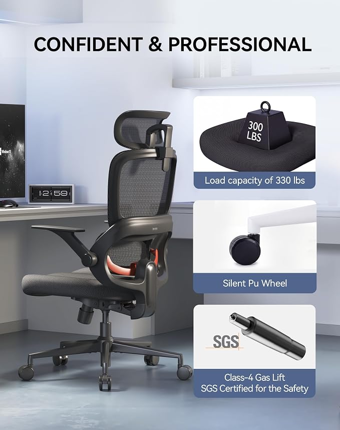 SIHOO B100 SE Office Chair, Soft Memory Foam Desk Chair with Adaptive Lumbar Support & 2D Flip-up Armrests, 135° tilt Computer Chair for Home Office, Black