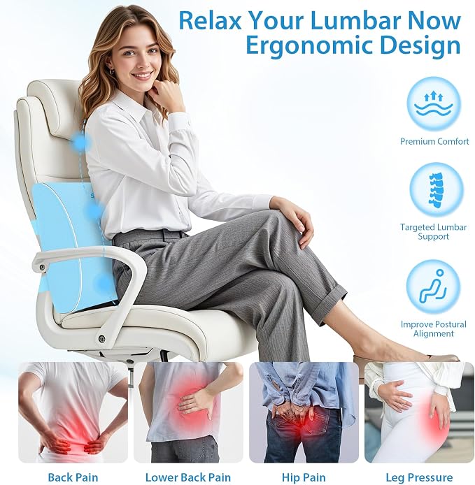 SweetSlubr Lumbar Support Pillow for Office Chair, Car & Gaming Chair, Ergonomic Memory Foam Cushion for Back Comfort, Zoned Back Support, Double Adjustable Straps,Breathable Washable Cover,Light Blue