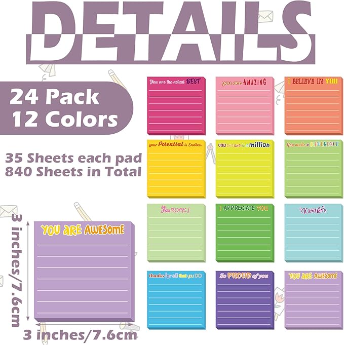 Yinder 24 Pcs Inspirational Sticky Notes Thank You Gift Motivational Sticky Note Pad Employee Appreciation Gift Bulk for Staff Coworker Teacher Nurse Office Groups 3 x 3'' (Appreciation,Dark Color)