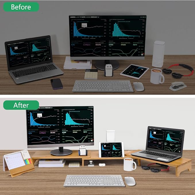 Nnewvante Monitor Stand Riser, 60 inch Bamboo Dual Monitor Stand for Desk | Adjustable Length Angle, 3 Shelves Desktop Screen Riser, For Computer Laptop PC
