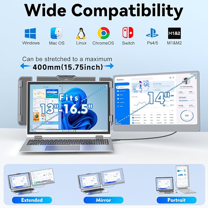 KEFEYA Laptop Screen Extender 2K, 2160x1440 QHD Laptop Monitor Extender Dual Screen, 14” Portable Monitor for Laptops 13-17" with USB-C/HDMI Port, Plug n Play for Windows/Mac/Android/Switch/PS5