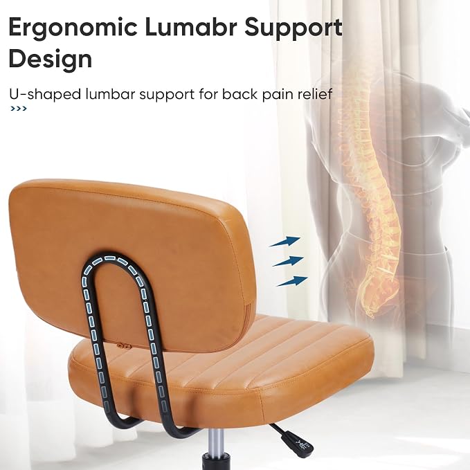 DUMOS Armless Desk Chair, Small Home Office Vanity Chair | Height Adjustable, PU Leather, 360° Swivel Rolling Wheels, Low Back, Bedroom, Deep Brown