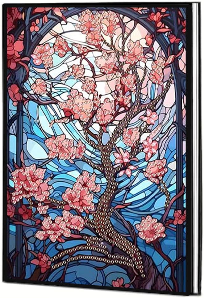 FRANDEK Pearl Painting Notebook Kit, Red Flower Tree A5 DIY Journal with 50 Blank Pages, Diamond Gem Art Cover with Waterproof Canvas, Beginner Craft Set with Full Tools for Adults