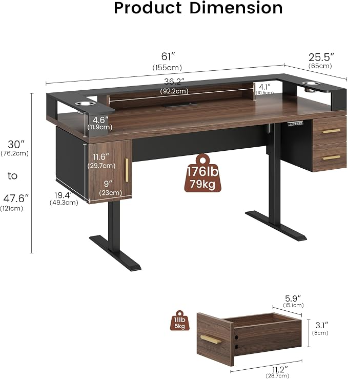 ModernMate 61'' Electric Standing Desk with Drawers, Dual Cup Holders | Height Adjustable Desk, Built-in Power Outlet & USB Ports, Monitor Stand, Sit Stand Table for Home Office, Black Walnut