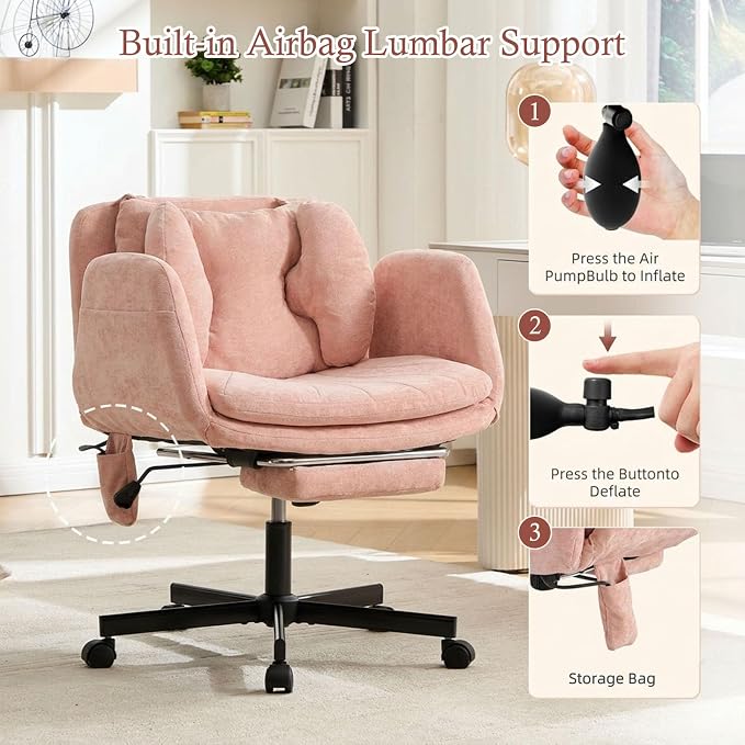 Criss Cross Office Chair with Footrest and 5-Gear Adjustable Arms, Pink | Wide seat cross-legged desk chair, flip lumbar pillow, airbag support, linen fabric, for home office, vanity and meditation