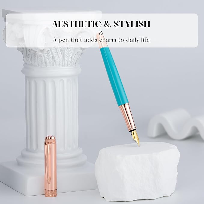 Turquoise Pen with 8MM Diamond-Stunning Luxury Fountain Pen, Schmidt 18K Gold Plated Nib (Fine), Real Rose Gold Finish, Fancy Pen Gift Set for Women, Executive, Nice, Beautiful Designer Pens