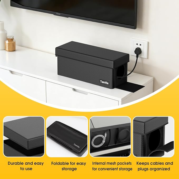 Tamfile Cable Management Box, Fireproof Foldable Cord Organizer and Cover | Heat Resistant Large Power Strip Organizer for TV Wires, Computer and USB Hub with Cable Clips & Reusable Cable Ties, Black