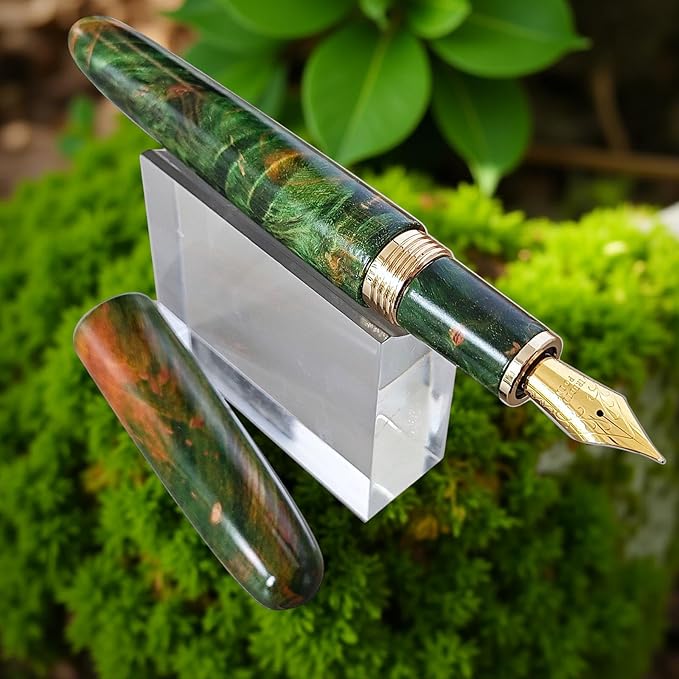 Luxury Stabilized Wood Fountain Pen – Handmade Natural Wood & Resin Barrel, Fine Nib Writing Pen with Converter – Executive Business Pen, Collectible Gift for Men & Women (Emerald Enchantment)