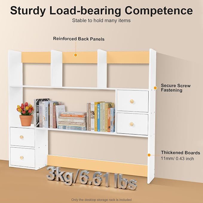Desk Organizer, Desk Hutch White MDF PVC Veneer Desktop Storage Rack 4 Drawers 39.4×6.7×31.5in Modern Rectangular Office Tabletop Display Shelf