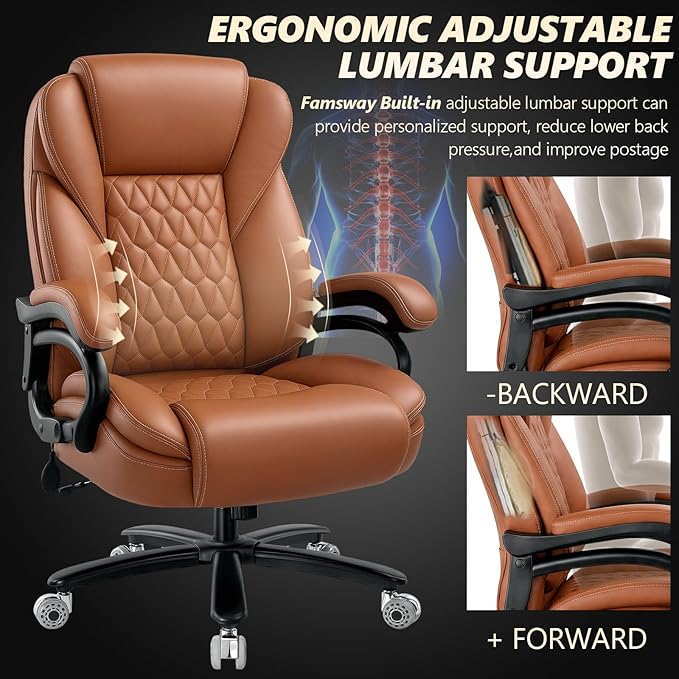 600lbs Big and Tall Office Chair with Pocket Spring Cushion, Heavy Duty Office Chair for Low Back Pain Relief, Large Executive Office Chair (Classic, Brown)