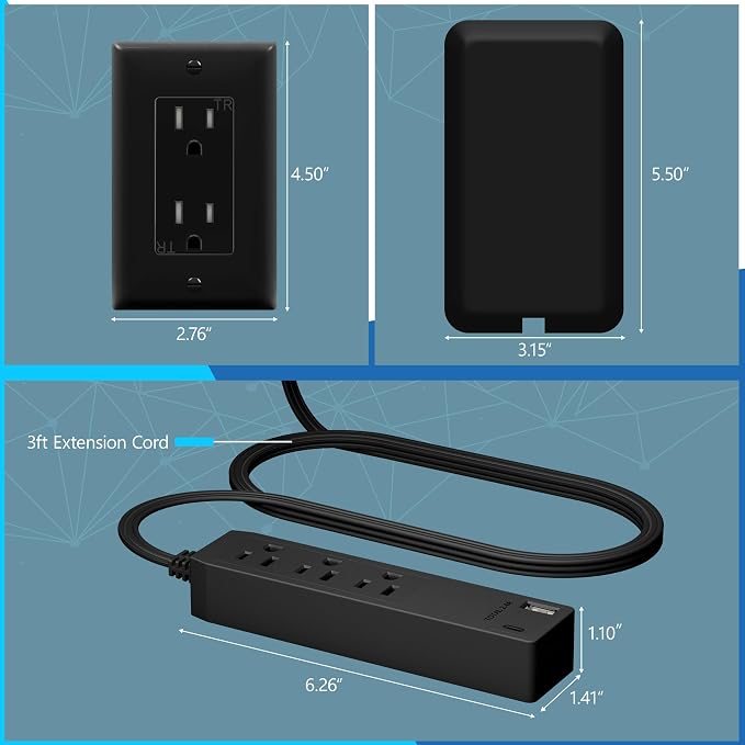 LIDER Outlet Extender with 3 Receptacles, 12W USB-A & USB-C, Ultra-Thin Wall Plate Plug with Cord Extender, 3-Outlet Power Strip, Flat-Face, 3ft Cord, 1625W, ETL Listed, Matte Black