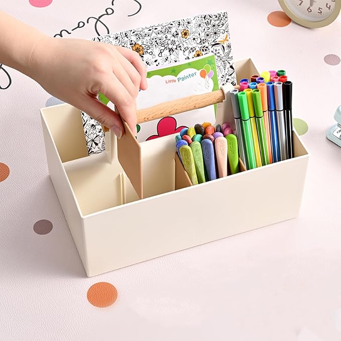 Buqoo Desk Organizer with 8 Compartments for Office Supplies | Plastic Makeup Organizer with Wooden Handle, Pen Holder for Desktop Storage, Desk Organization for Office Supplies (Coffee)
