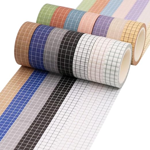Knaid Grid Washi Tape Set, 14 Rolls of 15 mm Wide Decorative Colored Masking Tapes for Scrapbooking, DIY Decor and Crafts, Bullet Journals, Planners, Junk Journal, Gift Wrapping