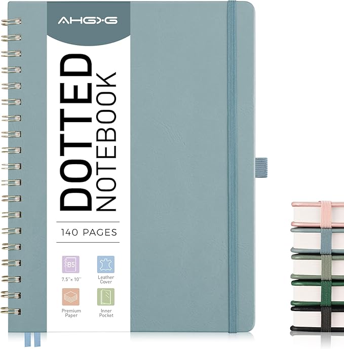 AHGXG HGXG Dotted Journal Spiral Notebook, Large B5 Dotted Notebook 140 Pages, Leather Hardcover, 100 GSM Thick Dot Grid Paper, Inner Pocket, for Dotted Journaling, 7.6" x 10", Gray Blue