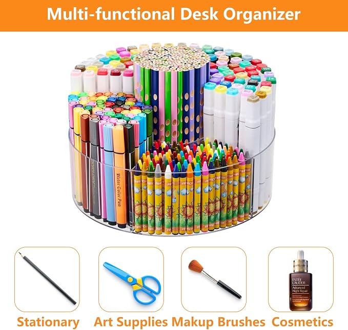 Acrylic Pen Marker Organizer for Desk, 360-Degree Rotating Pencil Holder Crayon Art Supplies Storage Organizer, 6 Slots Clear Large Capcaity Spinning Caddy for Home Office School Kids